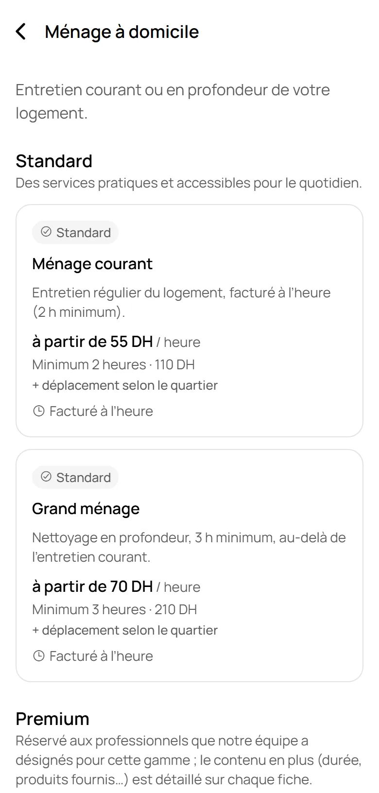 Liste des prestations de ménage dans la démo Rimi